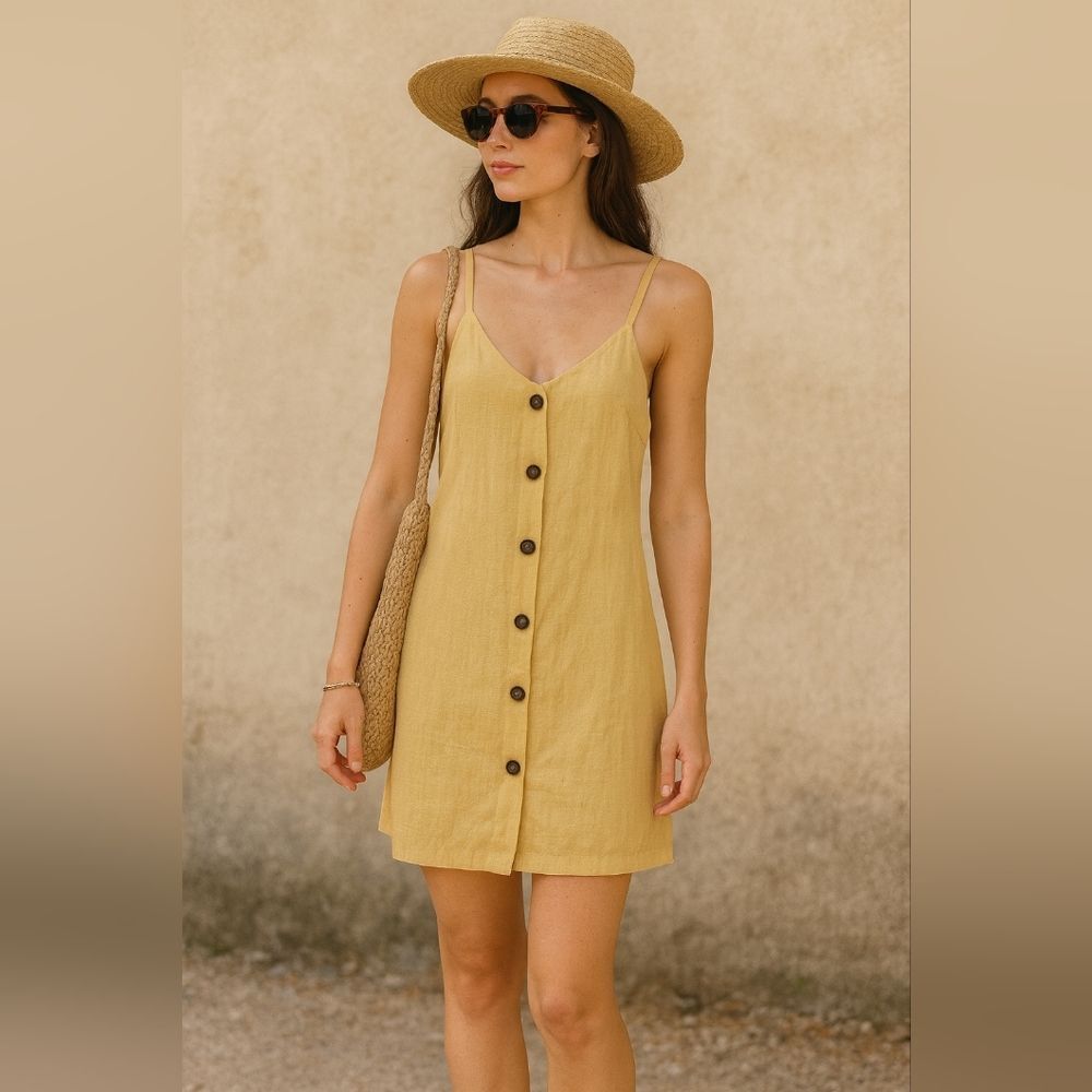 Yellow Button-Front Linen Cami Dress